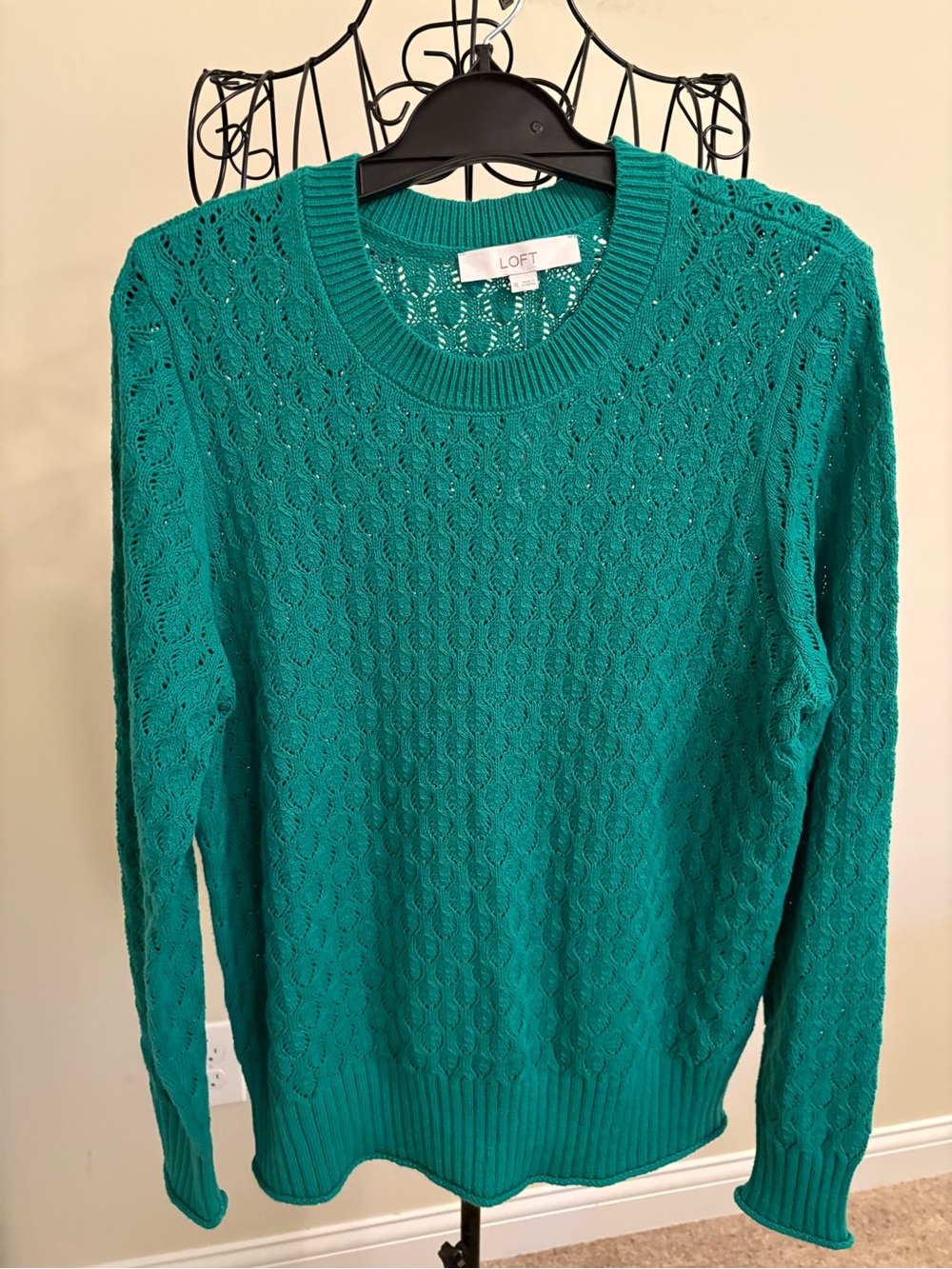 LOFT Teal Openwork Cable Crewneck Sweater